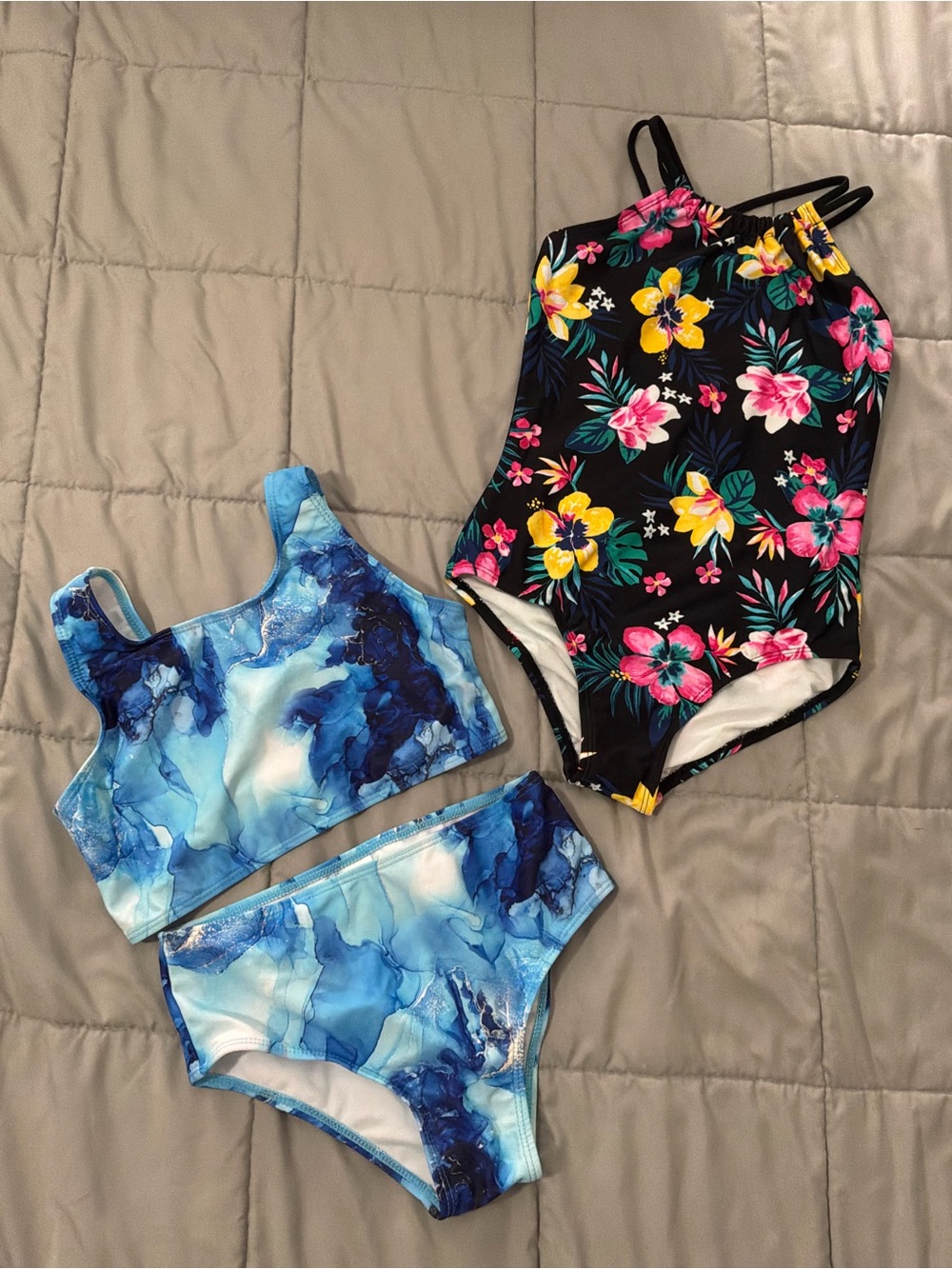 Bundle Lot of 2 Kids Swimsuits Kanu Surf Floral One Piece & Blue Marble Bikini